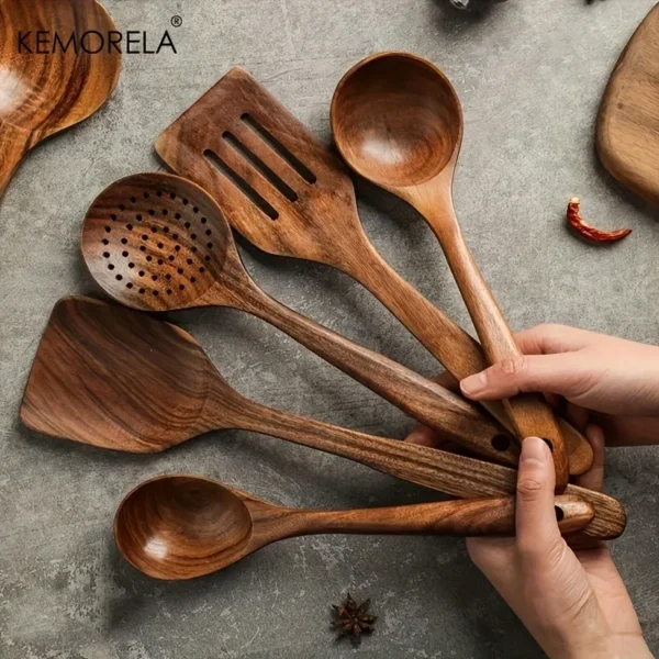 kf-S3fe653ed9d6047d6b29f0ba2f81ca69d5 5PCS Thailand Teak Cooking Spoon Natural Wooden Kitchen Tableware Tool Ladle Turner Rice Colander Soup Skimmer Scoop Utensils